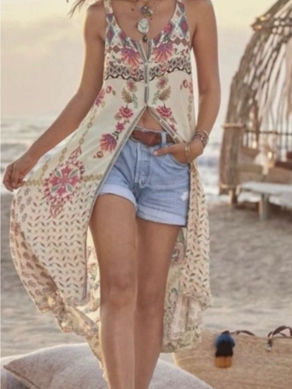 Johnny Was Shannon Cream & Pink Floral High-Low Maxi Dress